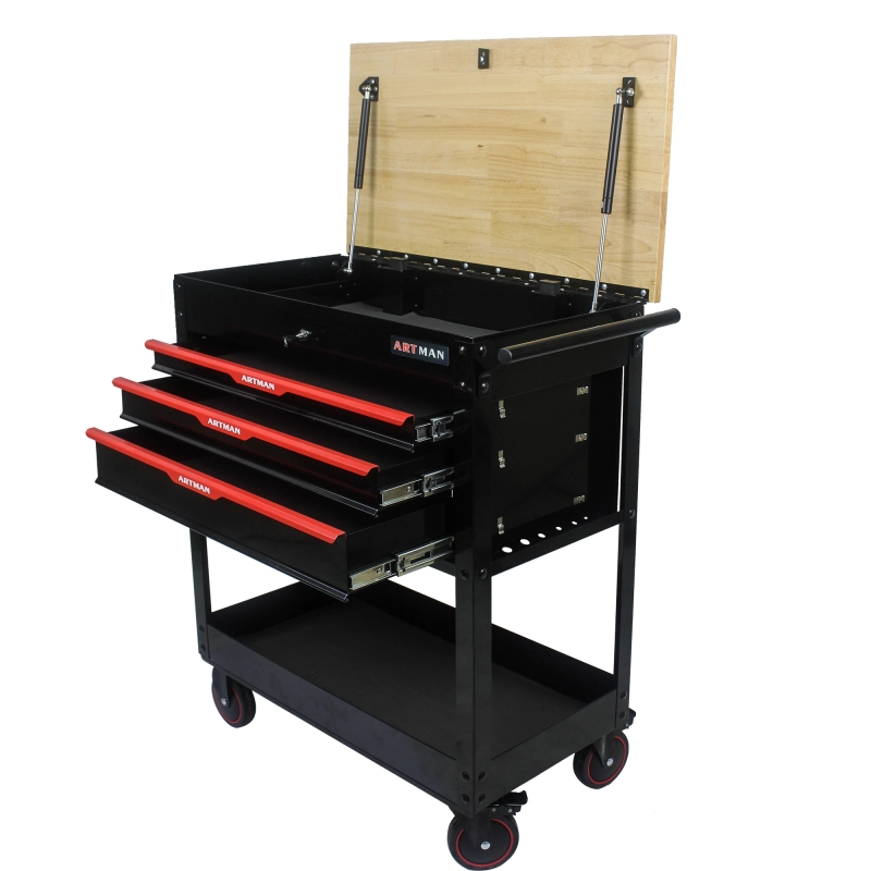 3 Drawers Multi-functional Tool Cart with Wheels and Wooden Top