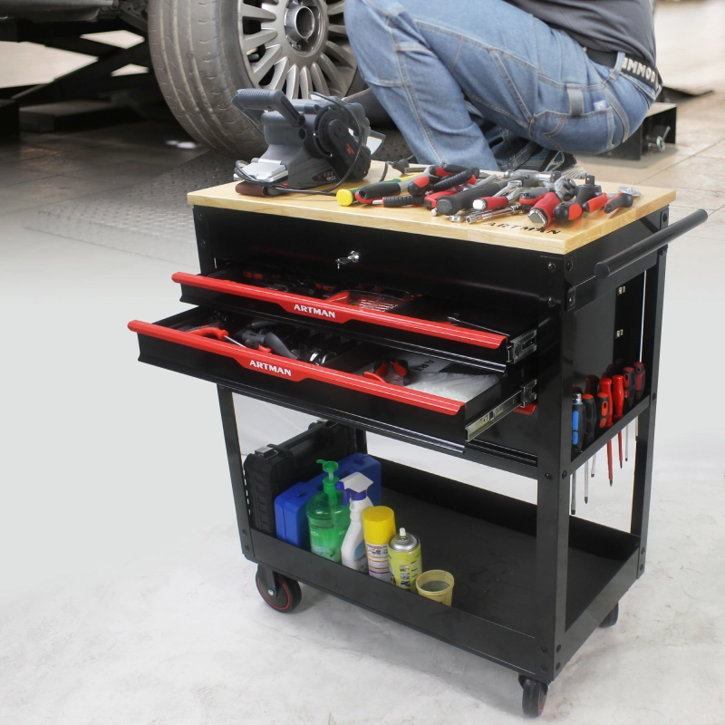 3 Drawers Multi-functional Tool Cart with Wheels and Wooden Top