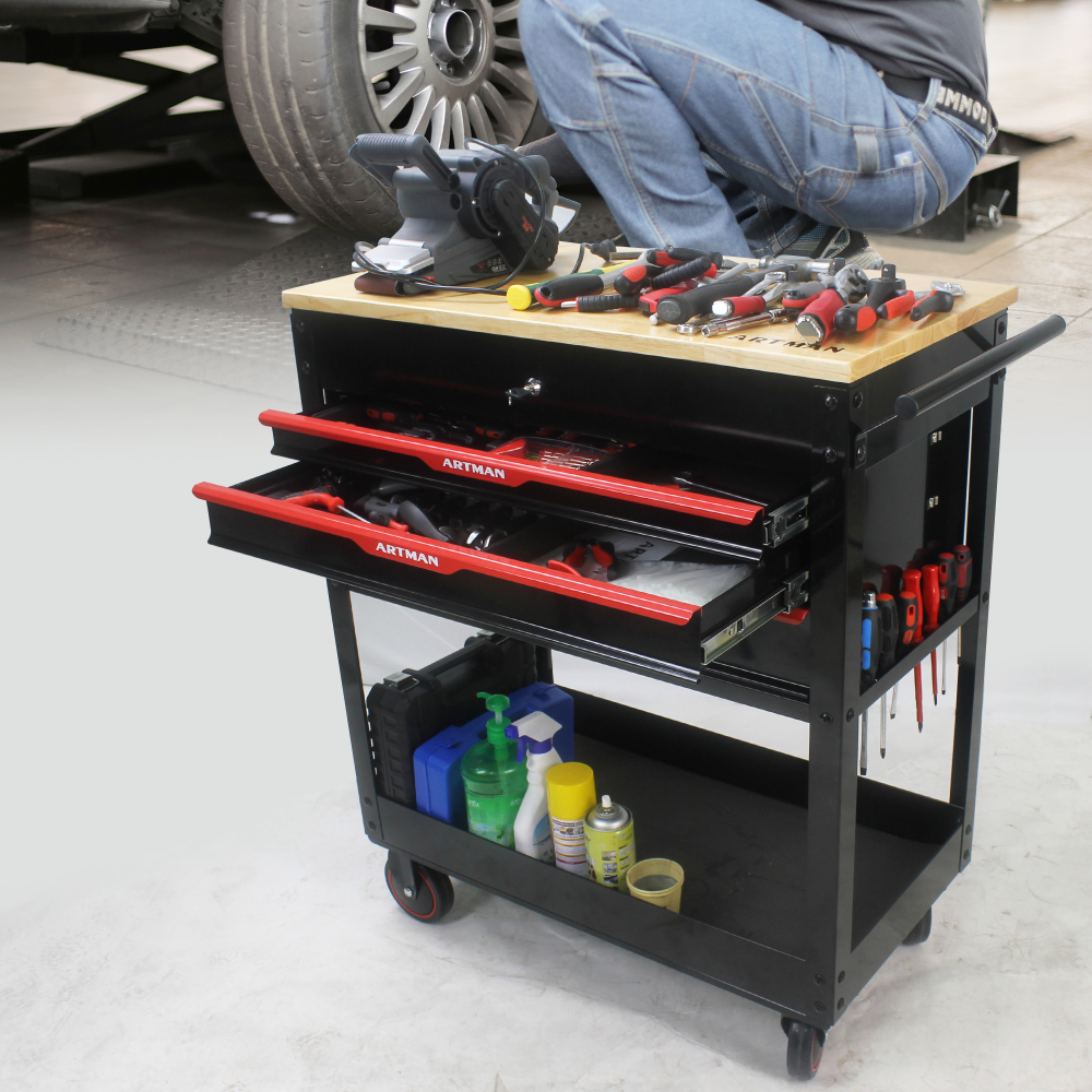 3 Drawers Multi-functional Tool Cart with Wheels and Wooden Top