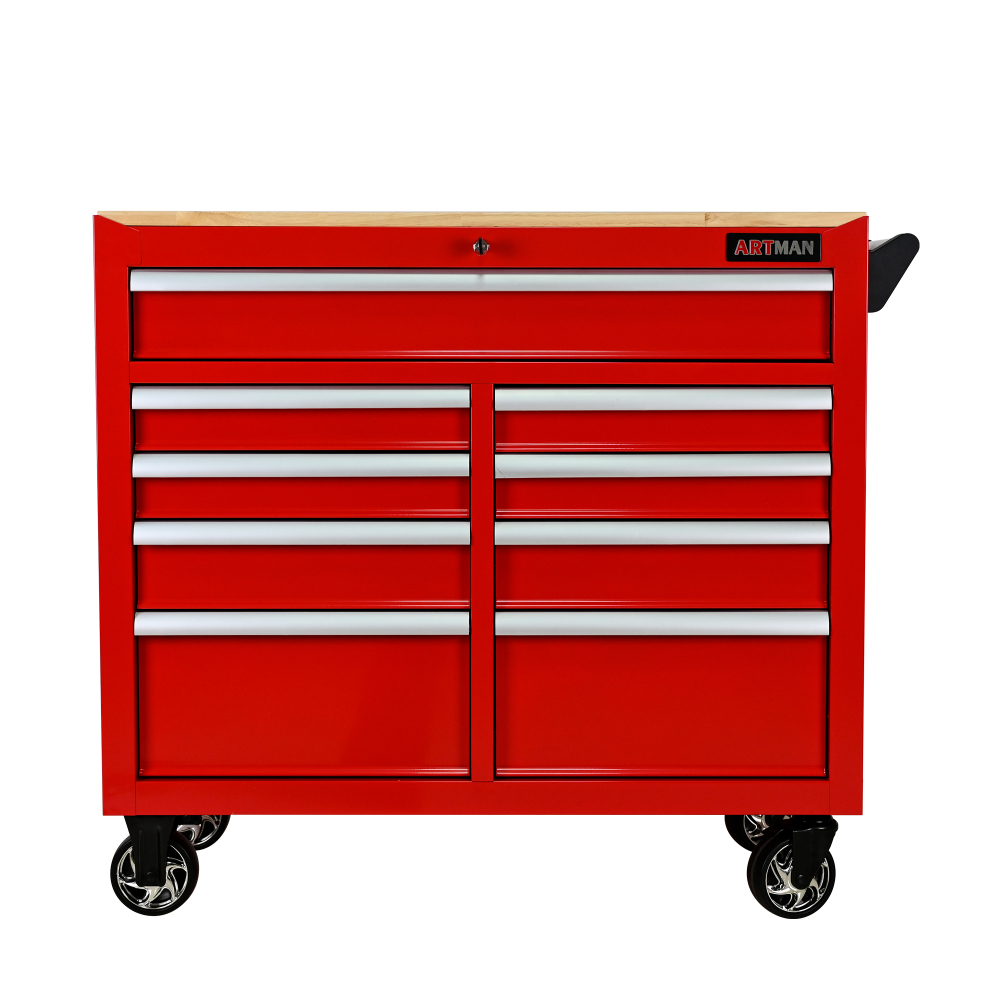 9 Drawers Multi-functional Tool Cart with Wheels and Wooden Top - Red