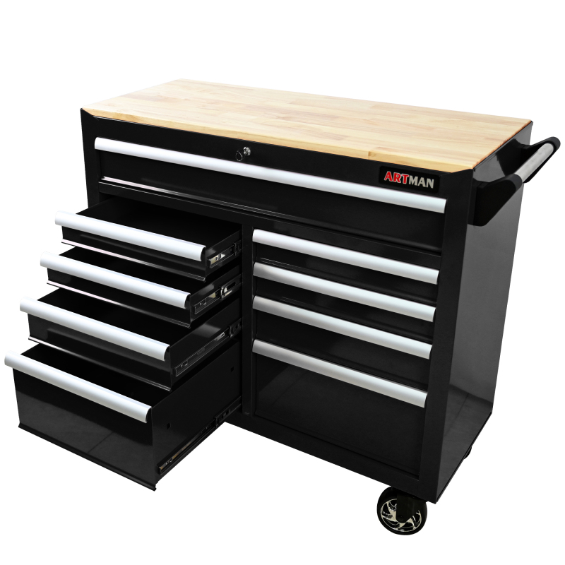 9 Drawers Multi-functional Tool Cart with Wheels and Wooden Top - Black