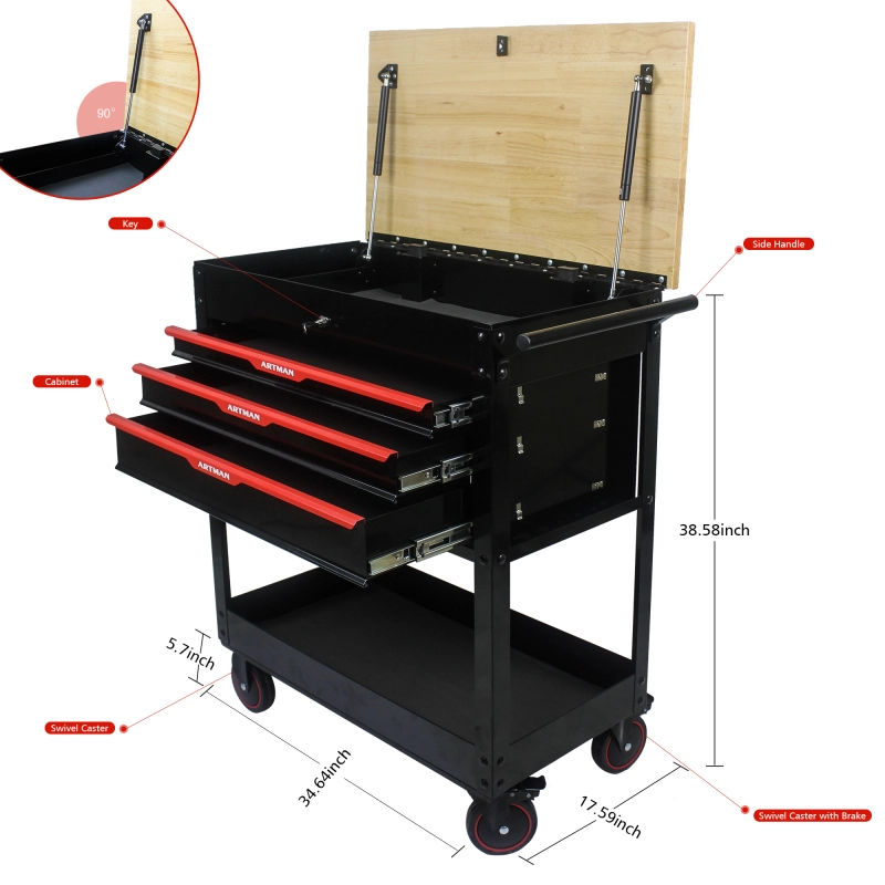 3 Drawers Multi-functional Tool Cart with Wheels and Wooden Top