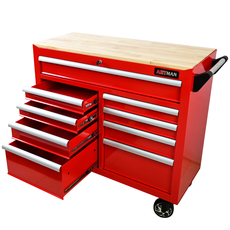 9 Drawers Multi-functional Tool Cart with Wheels and Wooden Top - Red