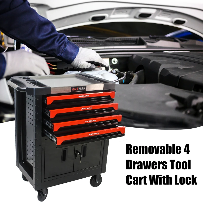 4 Drawers Removable Tool Cart with Lock
