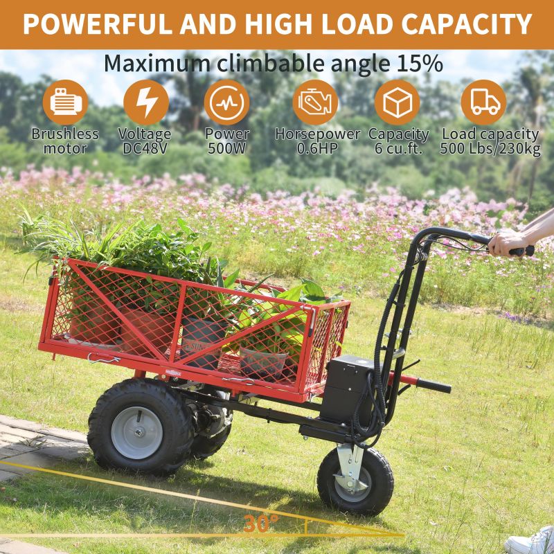 6-cu ft Electric Power Cart Utility Yard Cart with 500 lbs Load Capacity and Brushless Motor System