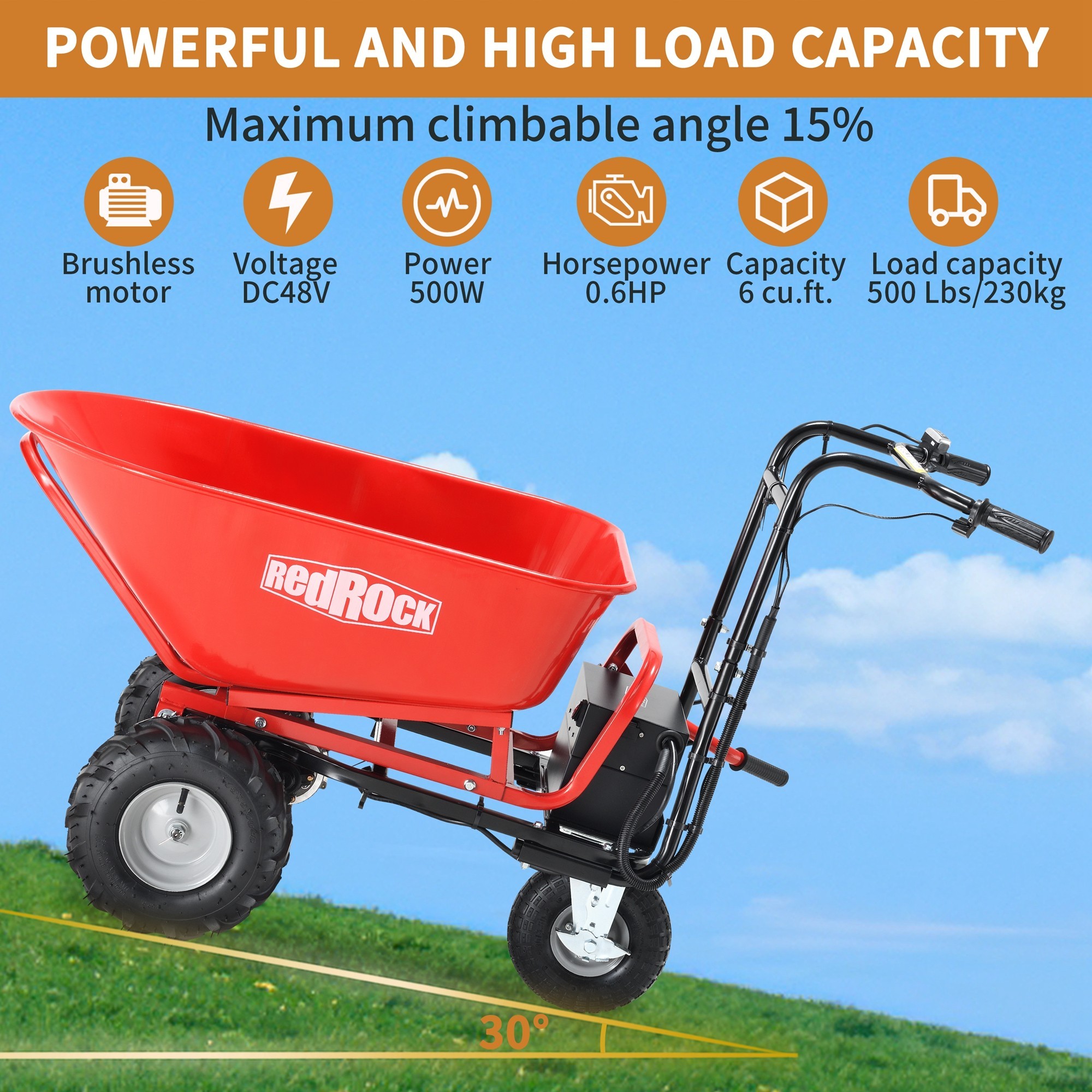 6-cu ft Electric Power Cart Utility Yard Cart with 500 lbs Load Capacity and Brushless Motor System