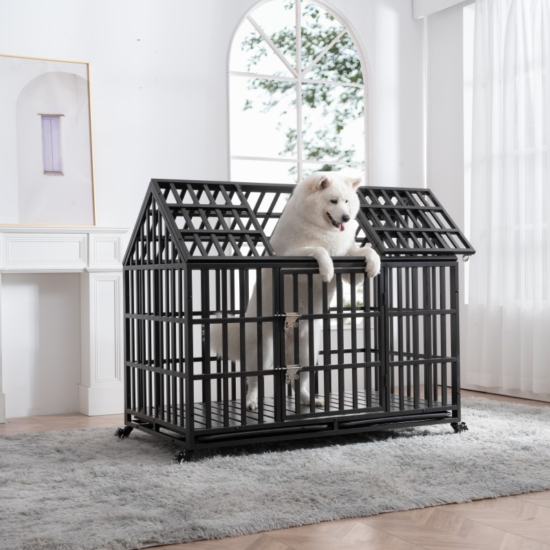 52-in Carbon Steel Dog Crate with Wheels and Roof