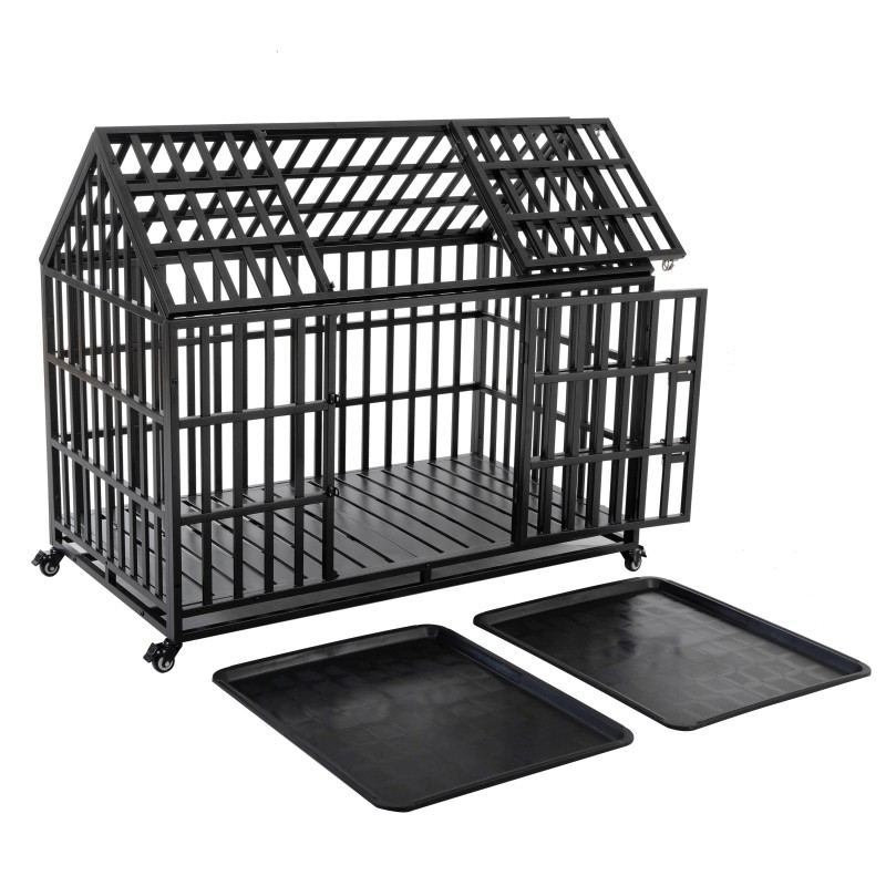 52-in Carbon Steel Dog Crate with Wheels and Roof