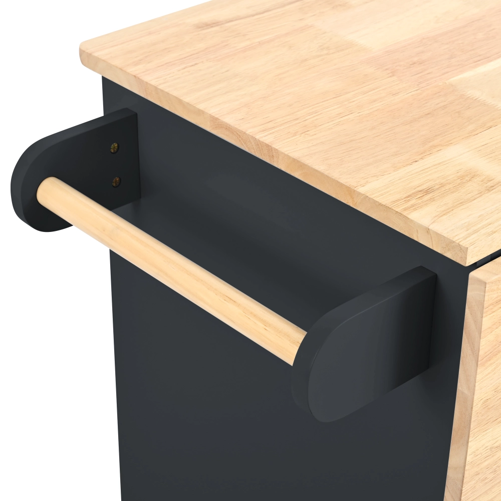 Black MDF Base with Rubber Wood Top Rolling Kitchen Island with Power ...