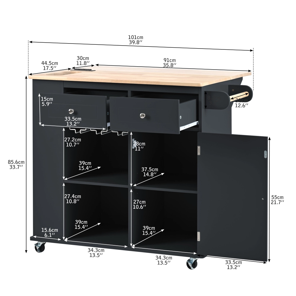 Black MDF Base with Rubber Wood Top Rolling Kitchen Island with Power ...