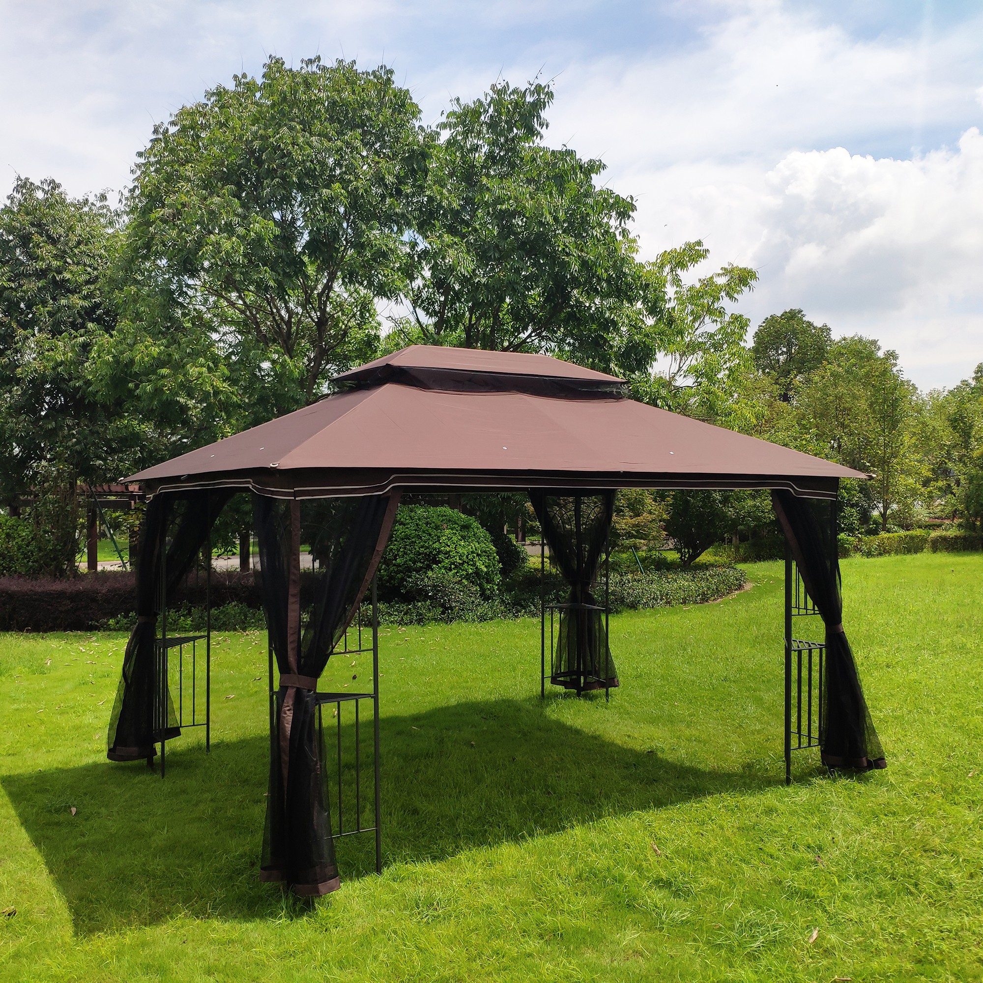 13-ft x 10-ft Brown Metal Rectangle Screened Gazebo with Ventilated Double Roof and Mosquito Net