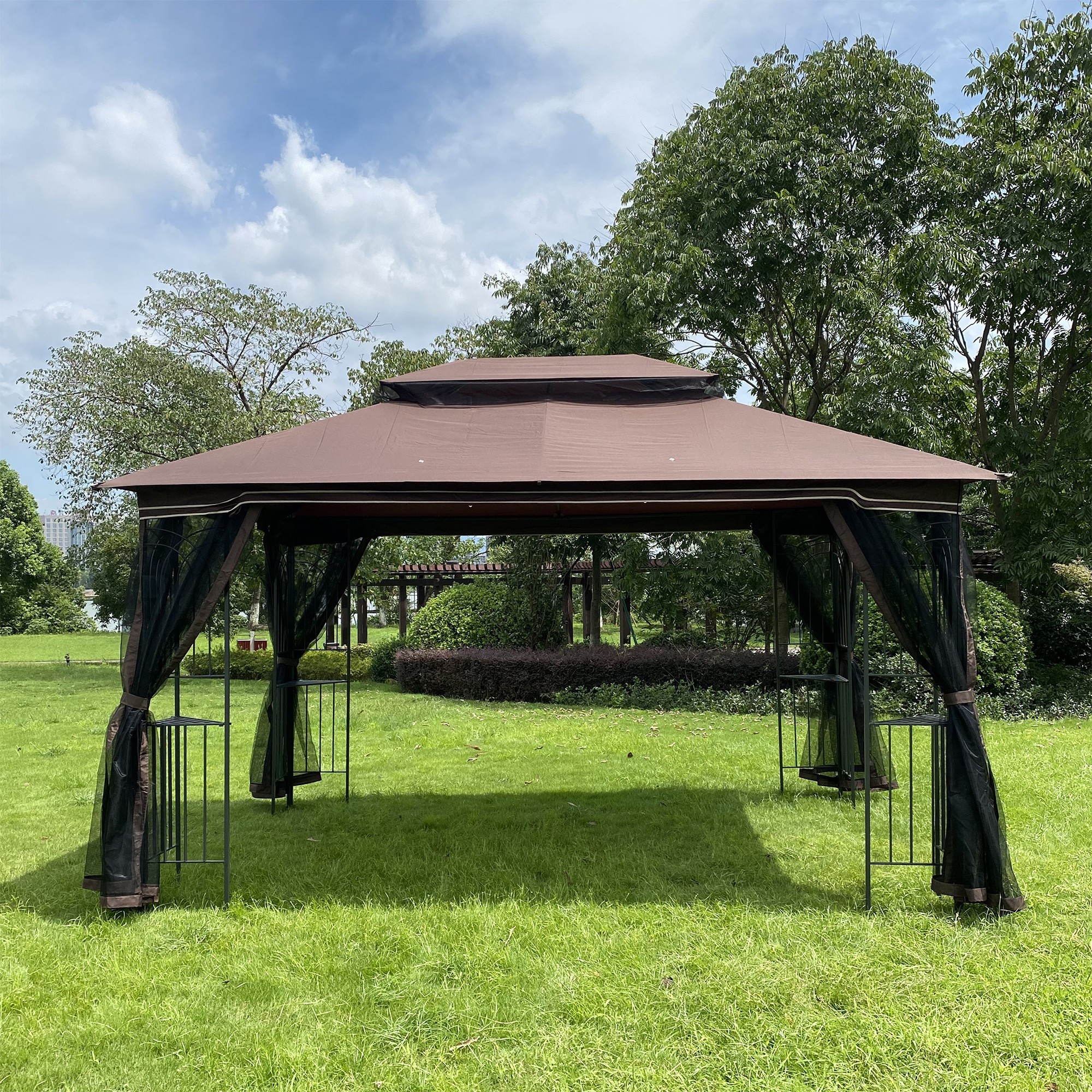 13-ft x 10-ft Brown Metal Rectangle Screened Gazebo with Ventilated Double Roof and Mosquito Net