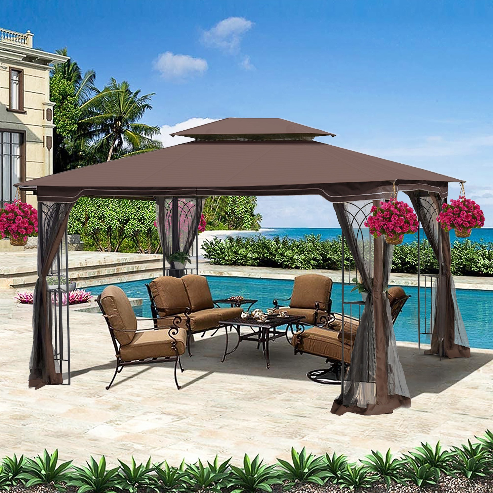 13-ft x 10-ft Brown Metal Rectangle Screened Gazebo with Ventilated Double Roof and Mosquito Net