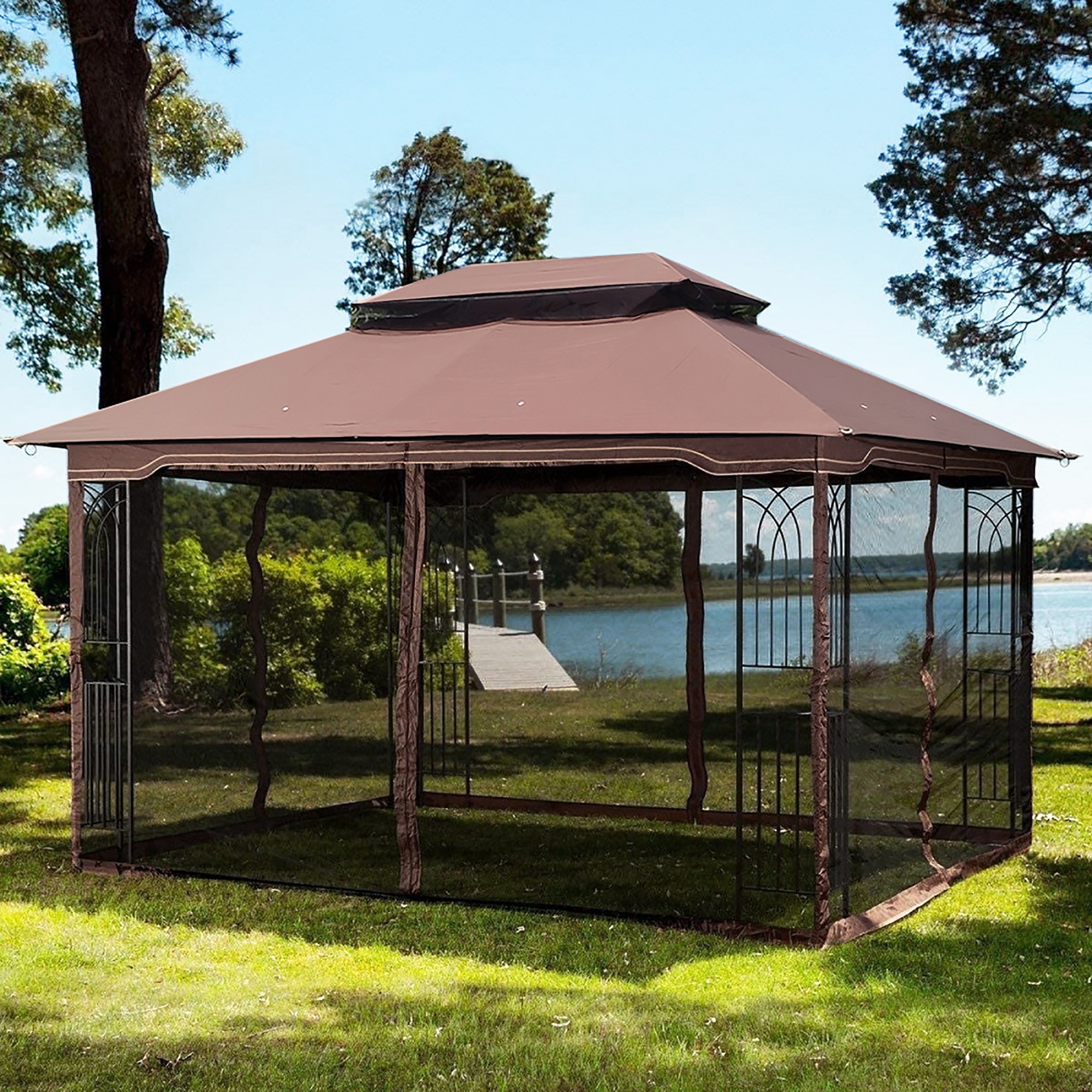 13-ft x 10-ft Brown Metal Rectangle Screened Gazebo with Ventilated Double Roof and Mosquito Net