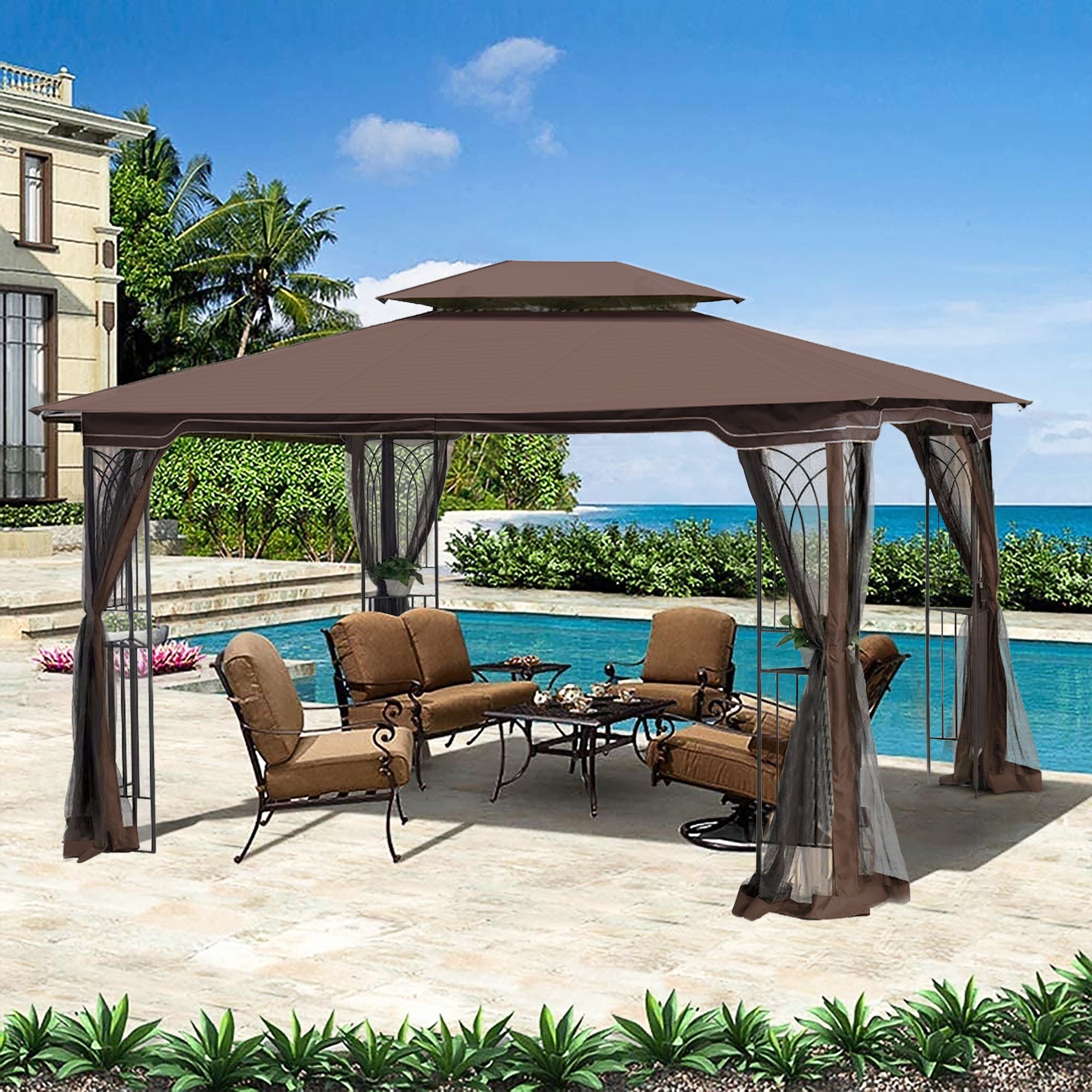 13-ft x 10-ft Brown Metal Rectangle Screened Gazebo with Ventilated Double Roof and Mosquito Net