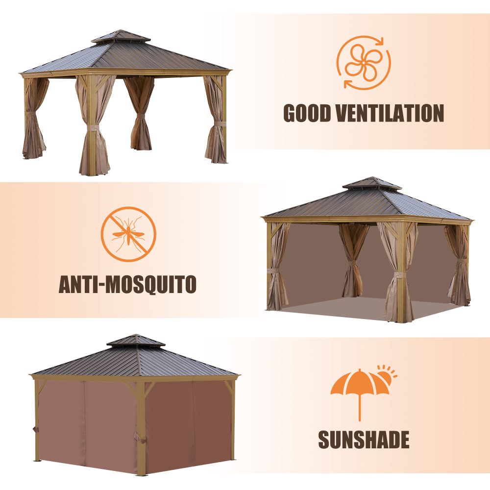 12-ft x 12-ft Brown Steel Rectangle Screen Gazebo with Hardtop