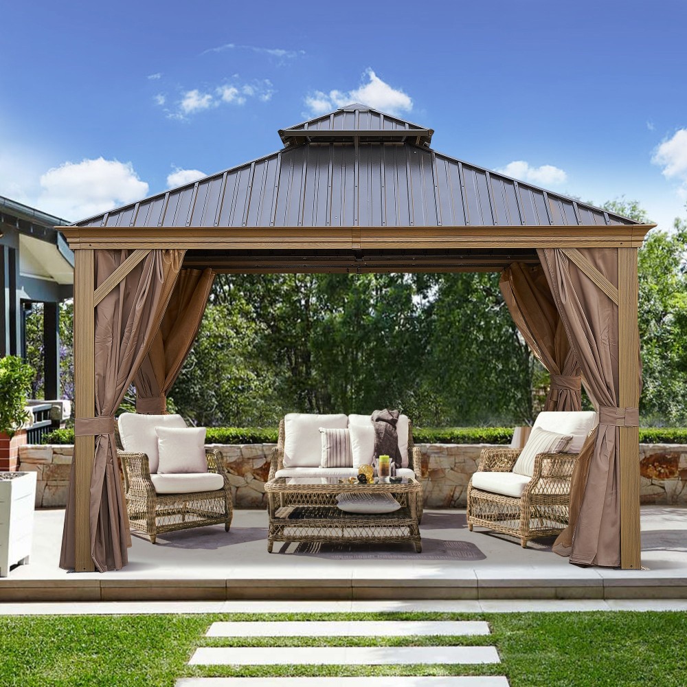 12-ft x 12-ft Brown Steel Rectangle Screen Gazebo with Hardtop