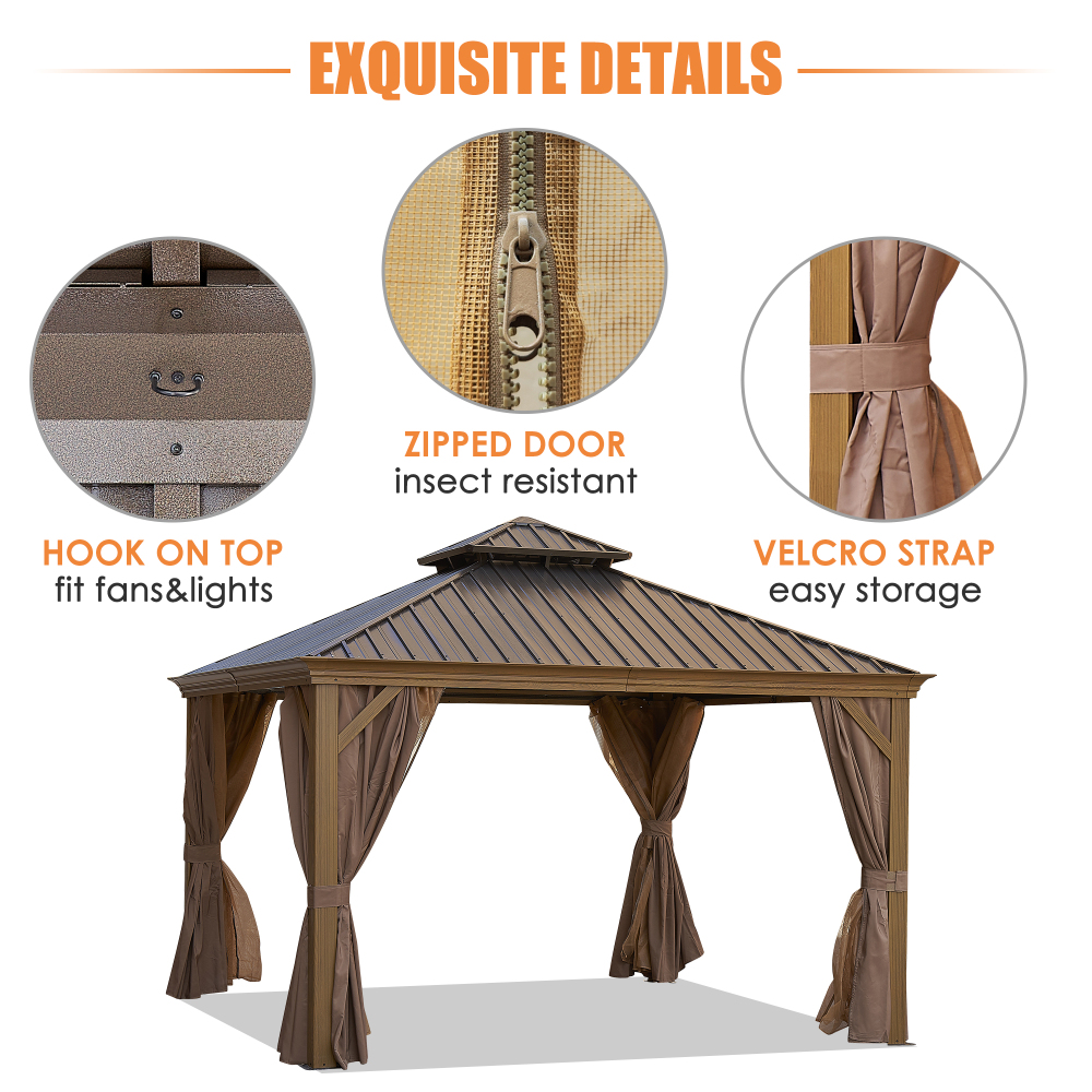 12-ft x 12-ft Brown Steel Rectangle Screen Gazebo with Hardtop