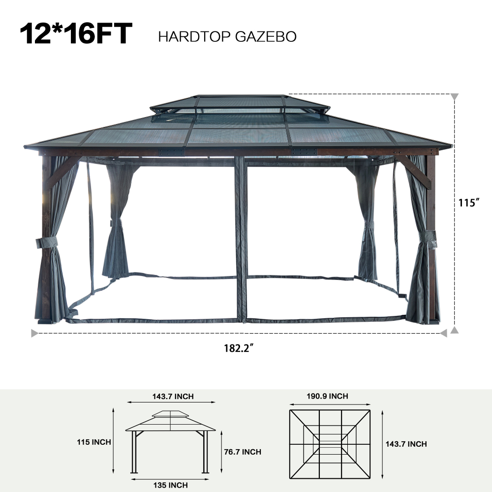 12-ft x 16-ft Black Aluminum Rectangle Screen Gazebo with Curtains and Netting