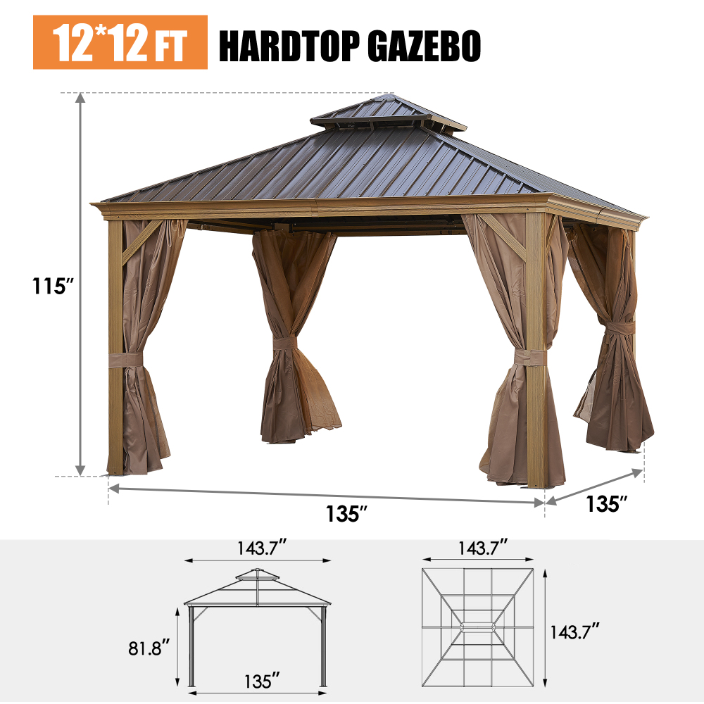 12-ft x 12-ft Brown Steel Rectangle Screen Gazebo with Hardtop
