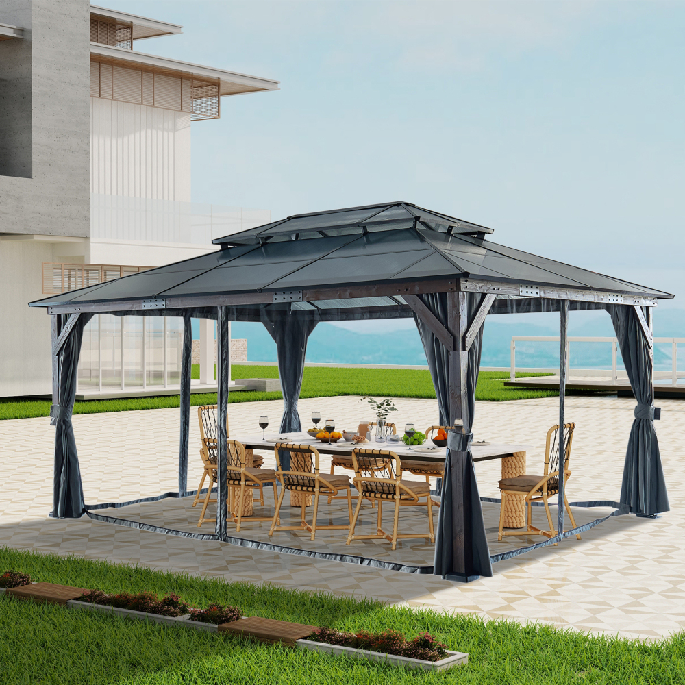 12-ft x 16-ft Black Aluminum Rectangle Screen Gazebo with Curtains and Netting