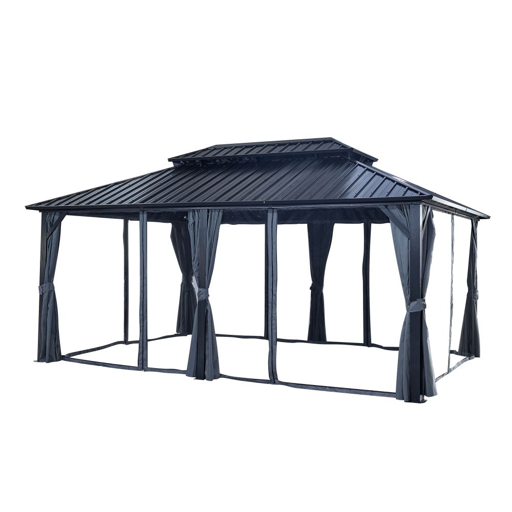12-ft x 18-ft Black Aluminum Rectangle Screen Gazebo with Curtains and Netting