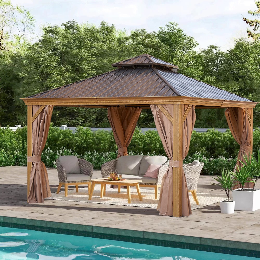 12-ft x 12-ft Brown Steel Rectangle Screen Gazebo with Hardtop