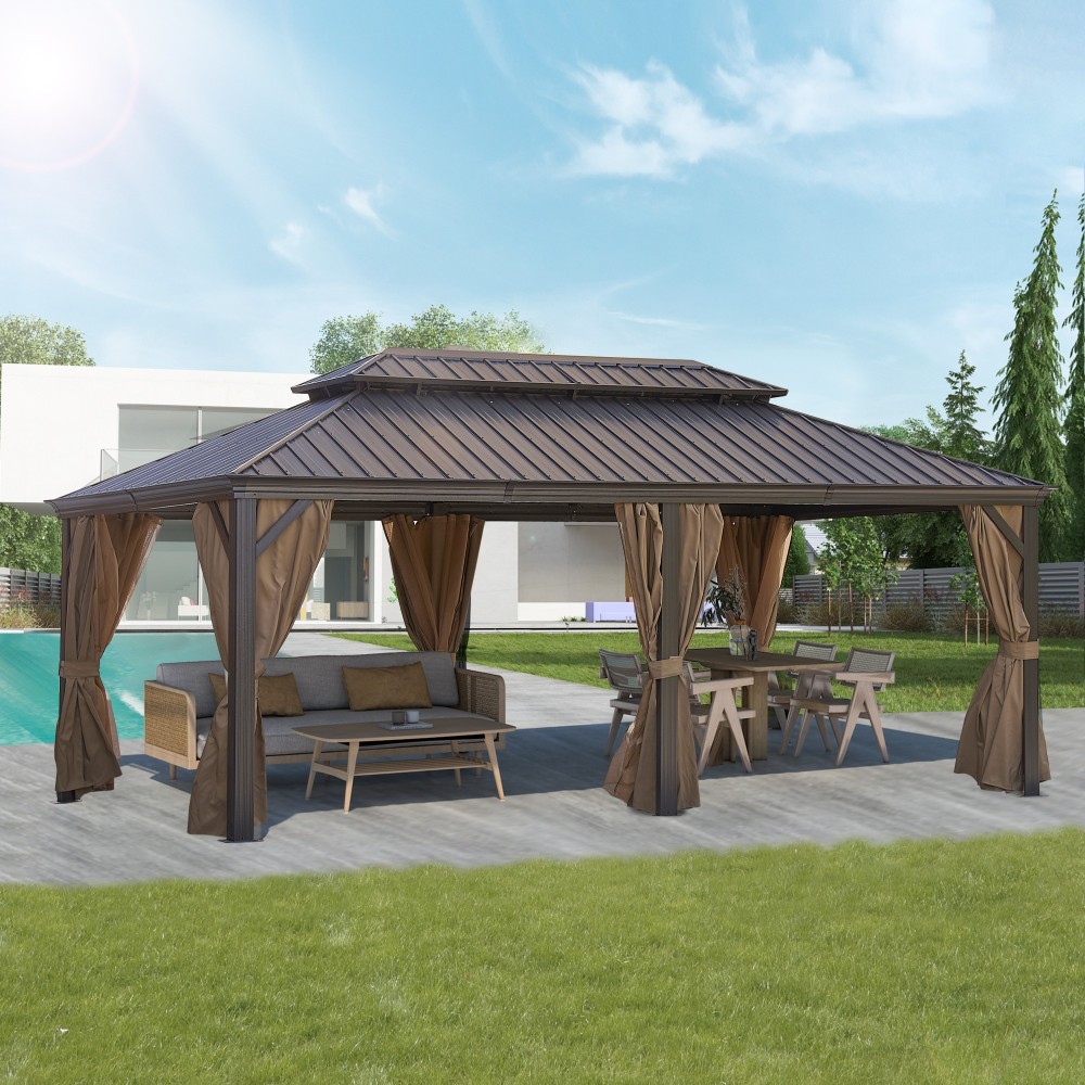 12-ft x 20-ft Brown Steel Rectangle Screen Gazebo with Hardtop