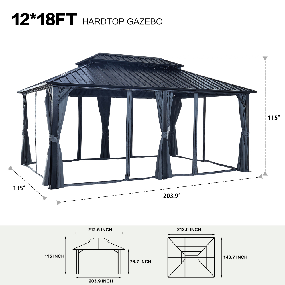 12-ft x 18-ft Black Aluminum Rectangle Screen Gazebo with Curtains and Netting