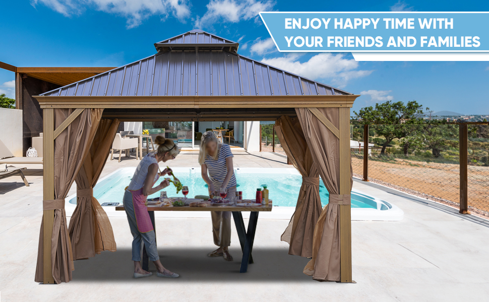 12-ft x 12-ft Brown Steel Rectangle Screen Gazebo with Hardtop