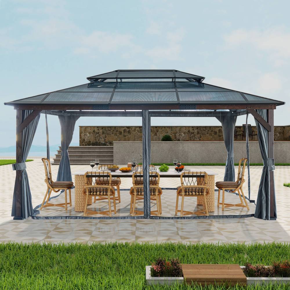 12-ft x 16-ft Black Aluminum Rectangle Screen Gazebo with Curtains and Netting