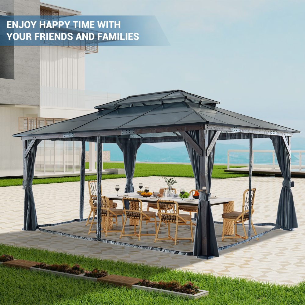 12-ft x 16-ft Black Aluminum Rectangle Screen Gazebo with Curtains and Netting