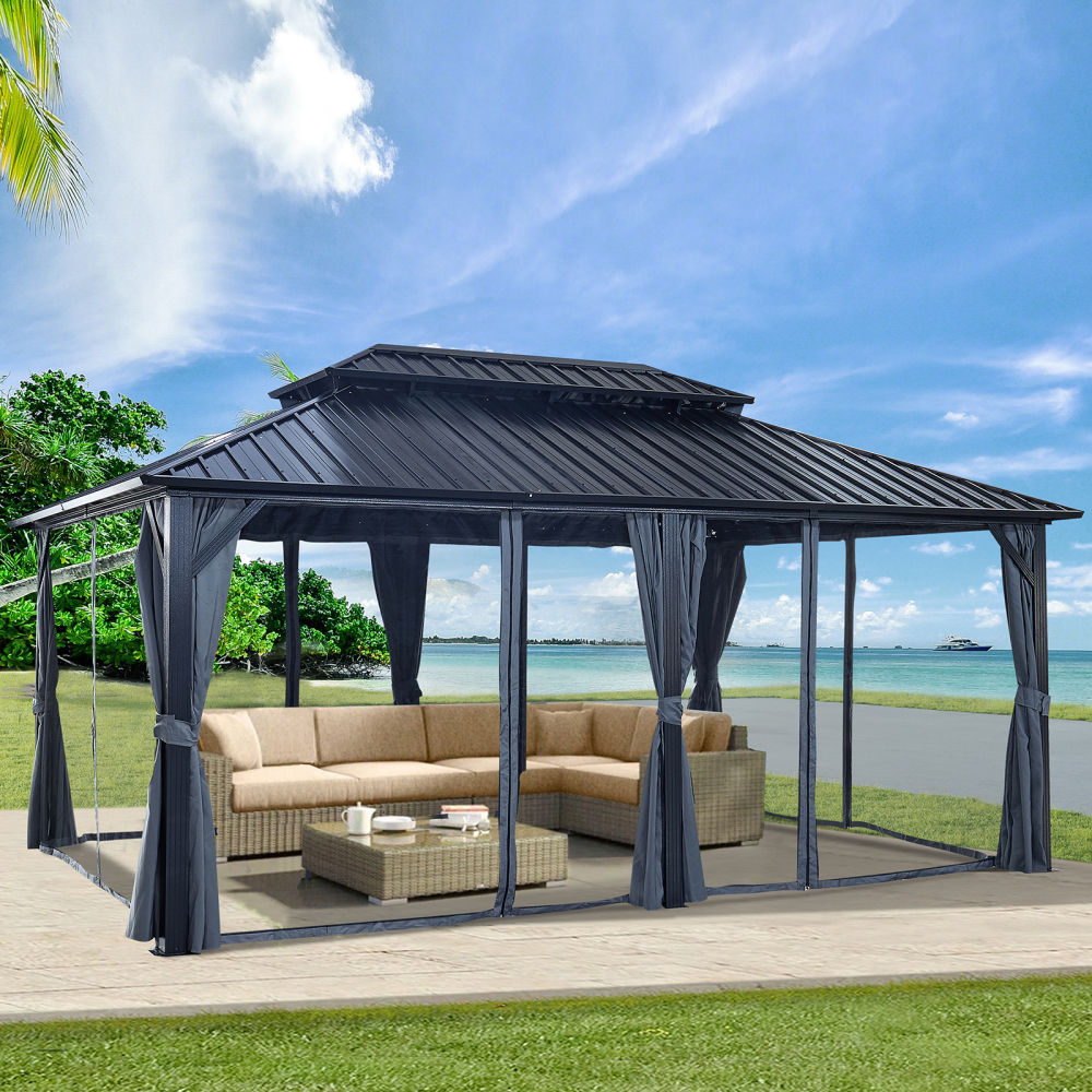12-ft x 18-ft Black Aluminum Rectangle Screen Gazebo with Curtains and Netting