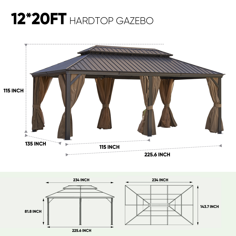 12-ft x 20-ft Brown Steel Rectangle Screen Gazebo with Hardtop