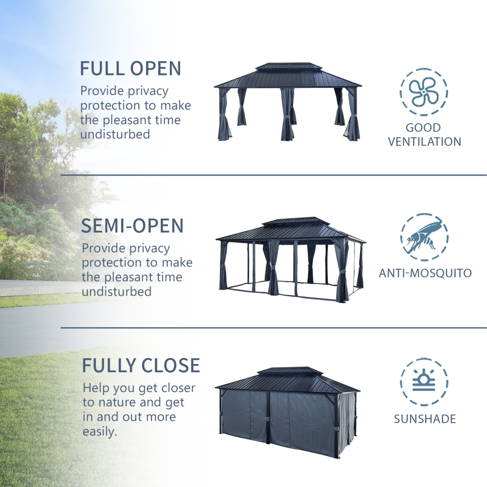 12-ft x 18-ft Black Aluminum Rectangle Screen Gazebo with Curtains and Netting