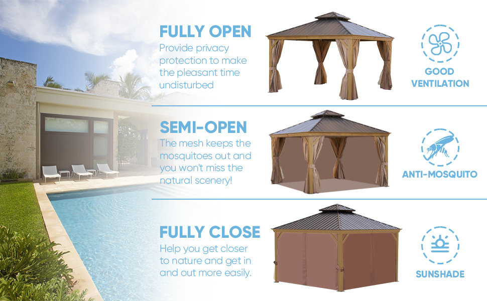 12-ft x 12-ft Brown Steel Rectangle Screen Gazebo with Hardtop