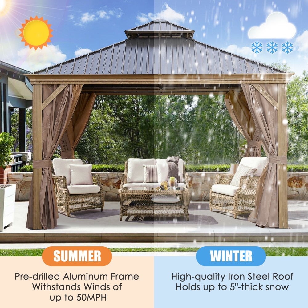 12-ft x 12-ft Brown Steel Rectangle Screen Gazebo with Hardtop