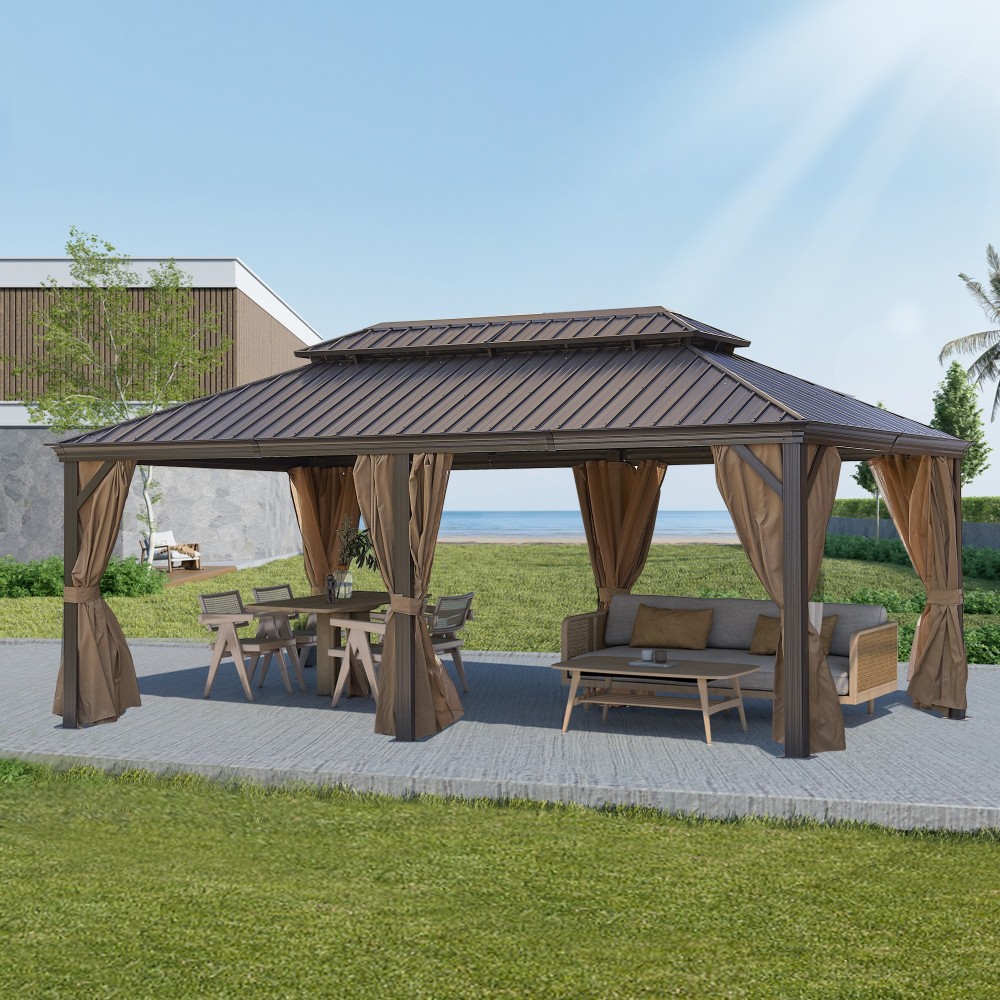 12-ft x 20-ft Brown Steel Rectangle Screen Gazebo with Hardtop