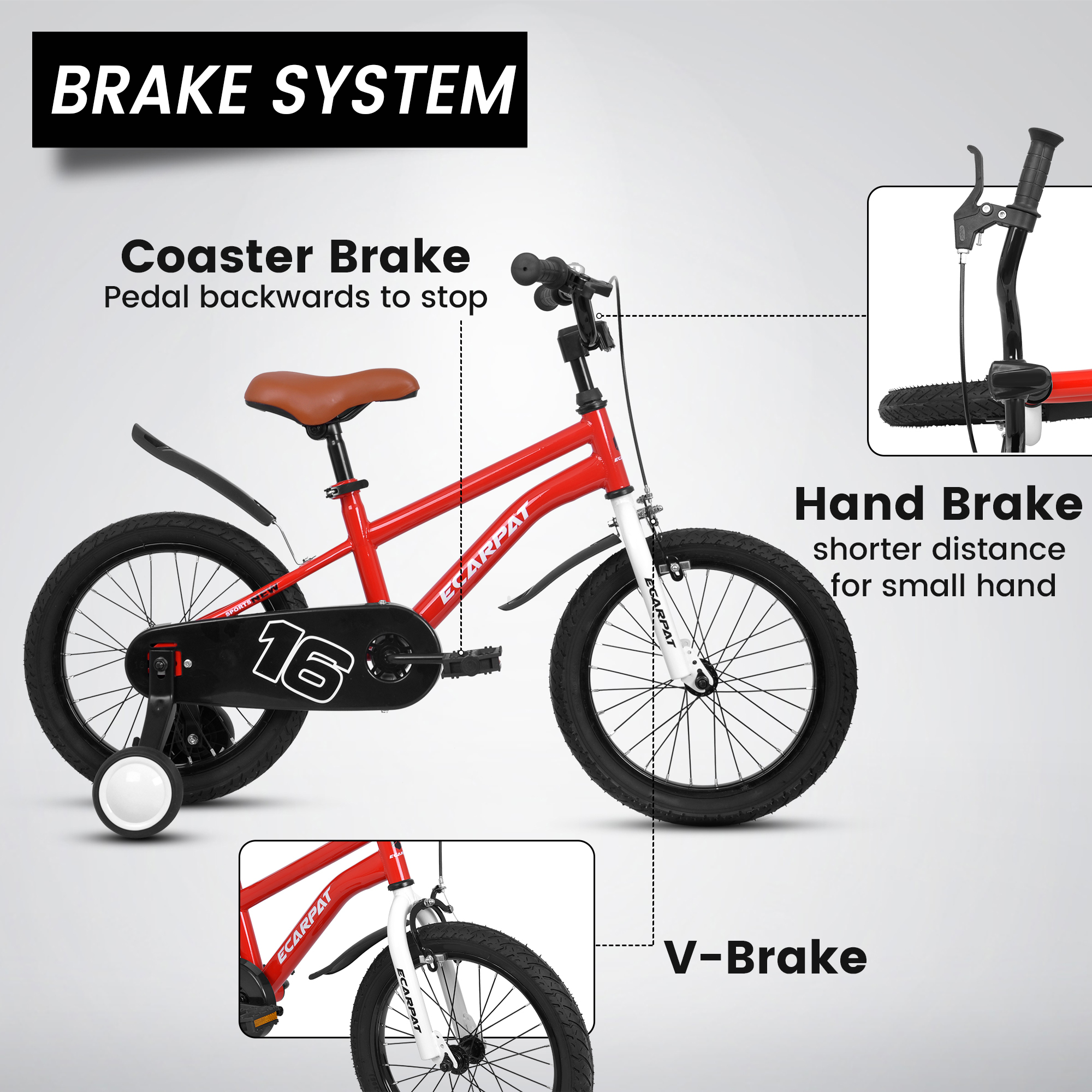 16-inch Kids Bike for Boys and Girls with Training Wheels and Fender (Red)