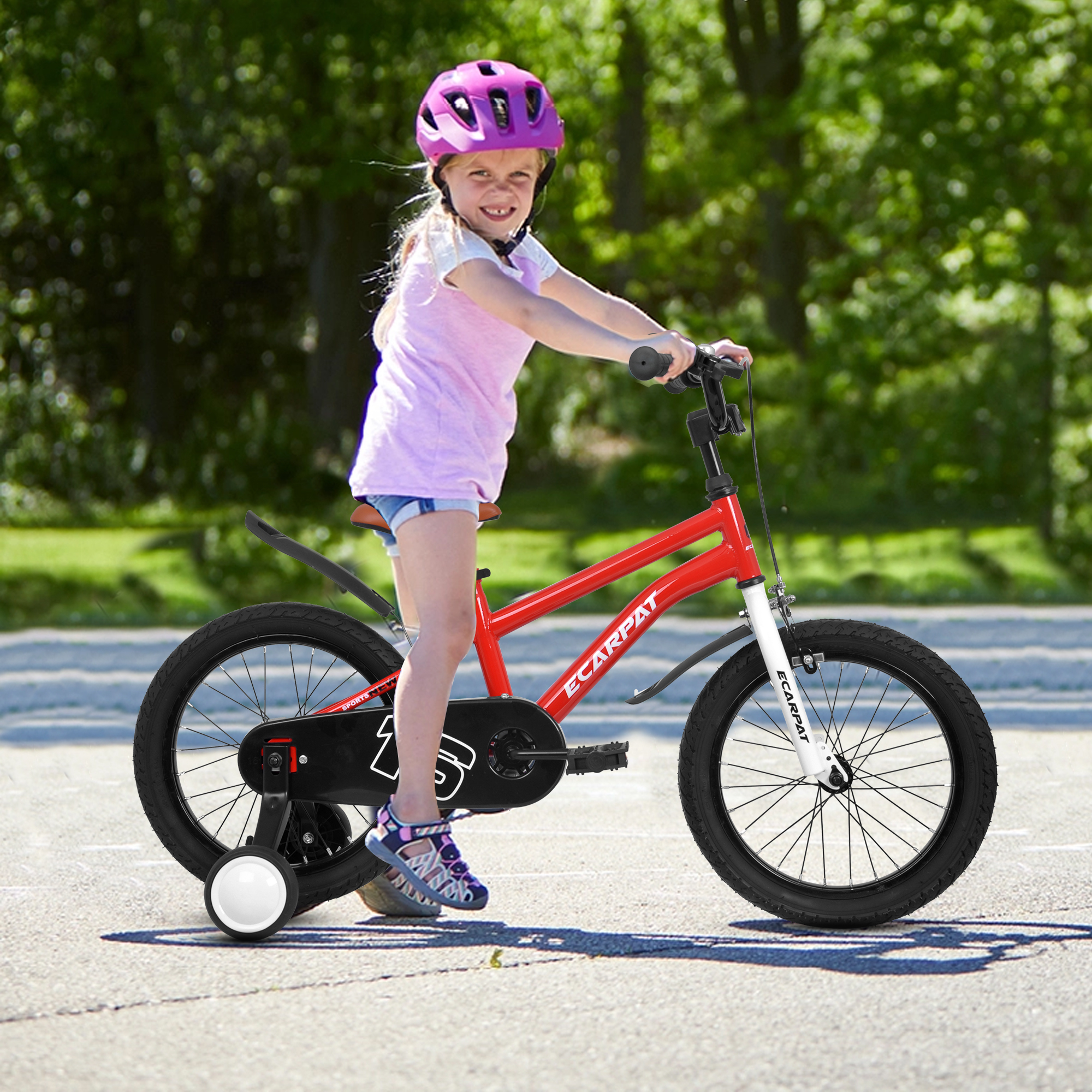 16-inch Kids Bike for Boys and Girls with Training Wheels and Fender (Red)