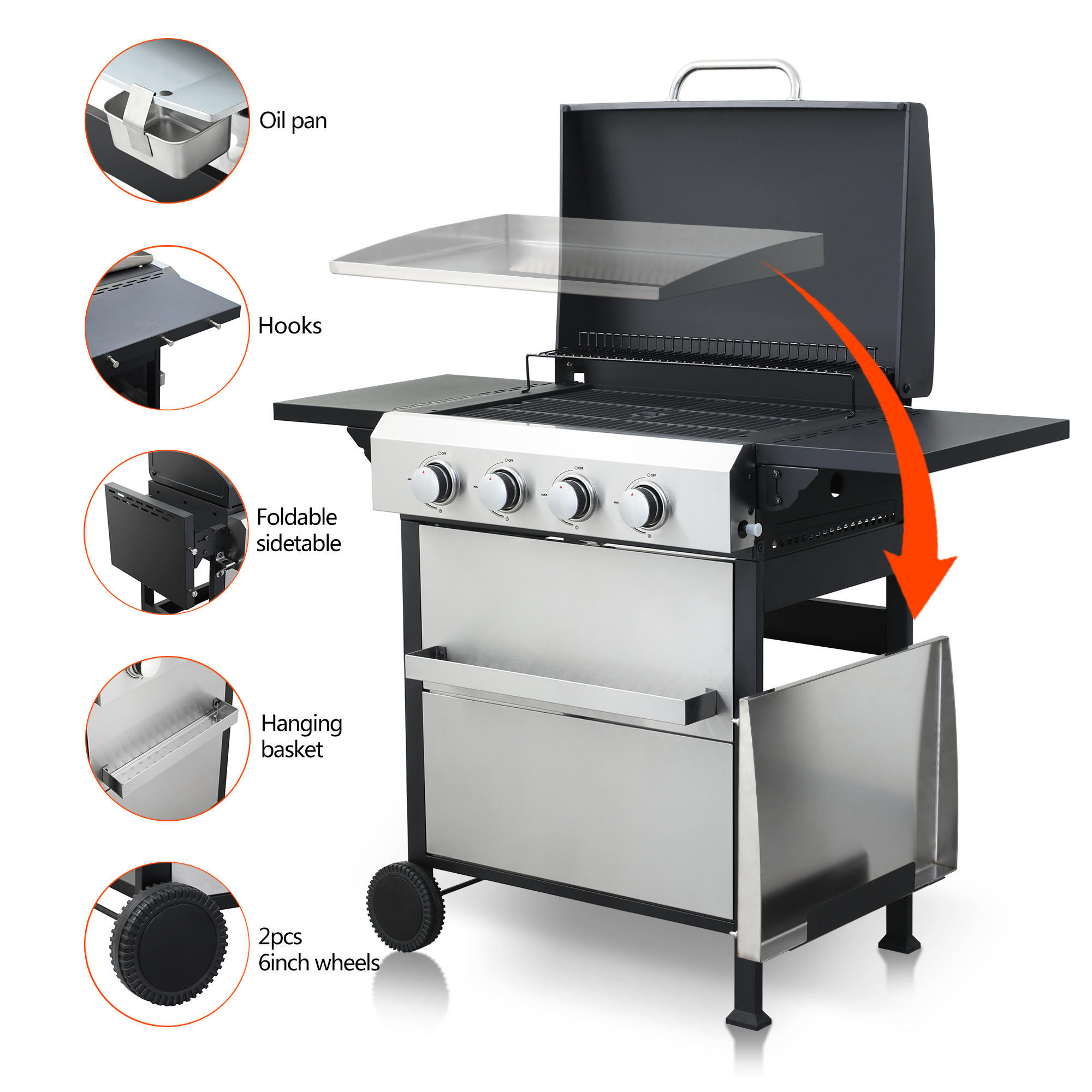 4Burner Propane Gas BBQ Grill, SS Plancha