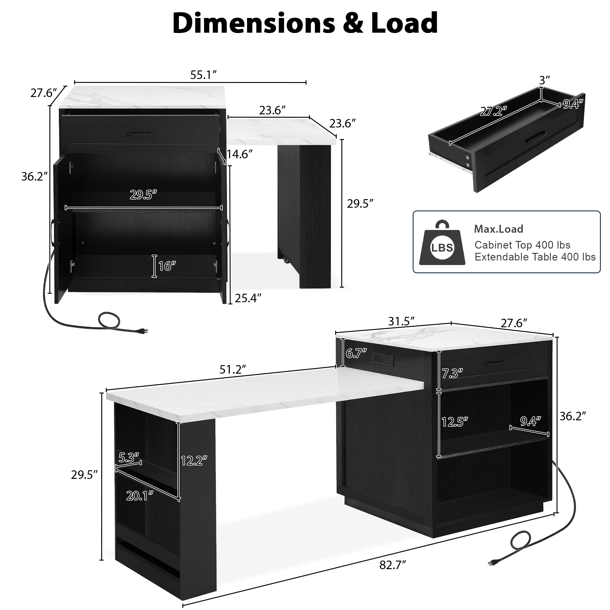 K&K 82.7 inch Kitchen Island with Extendable Dining Table Black