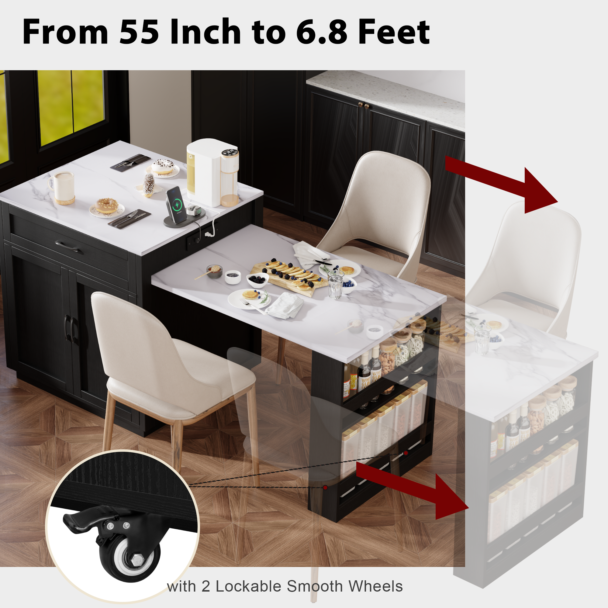 K&K 82.7 inch Kitchen Island with Extendable Dining Table Black