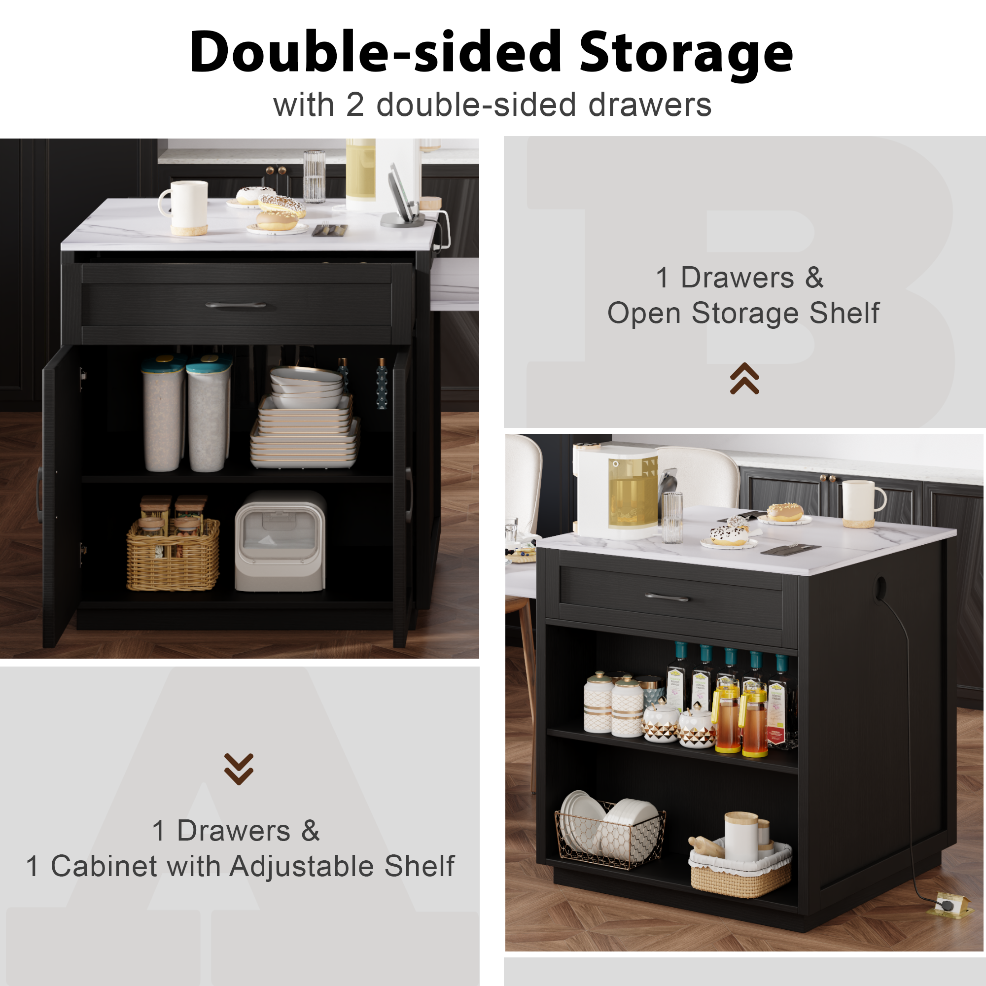 K&K 82.7 inch Kitchen Island with Extendable Dining Table Black