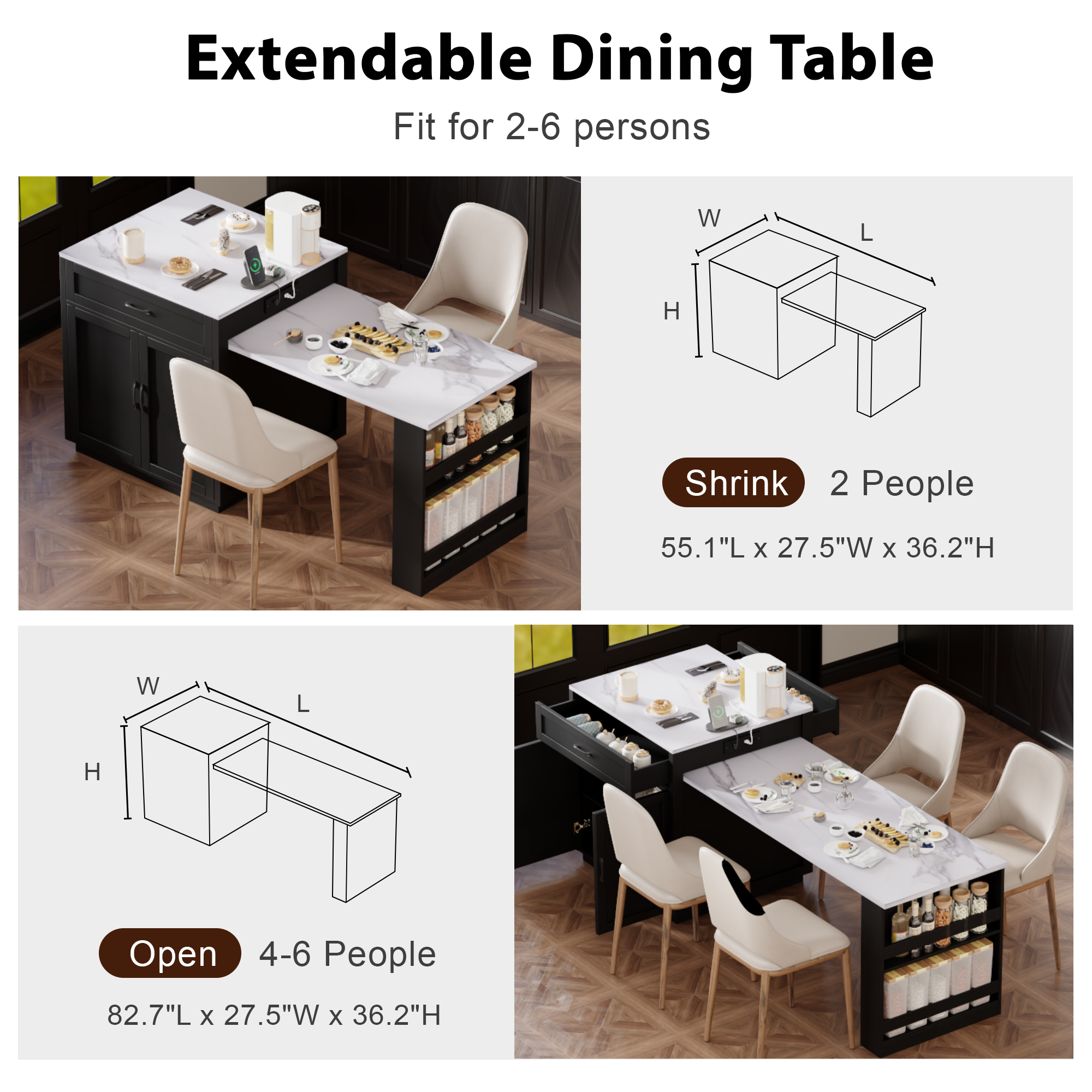 K&K 82.7 inch Kitchen Island with Extendable Dining Table Black