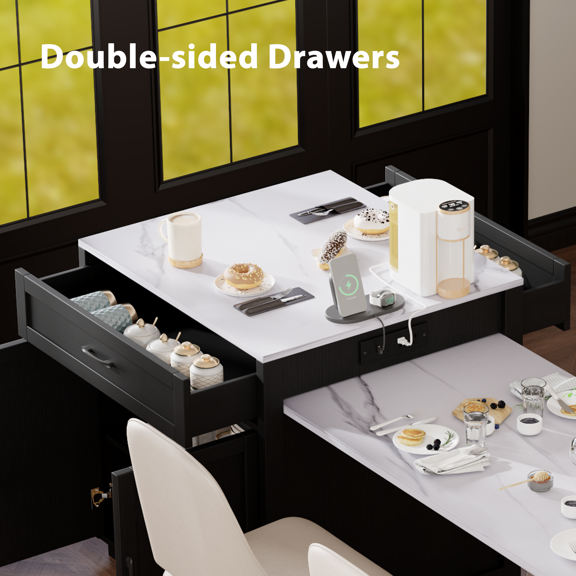 K&K 82.7 inch Kitchen Island with Extendable Dining Table Black
