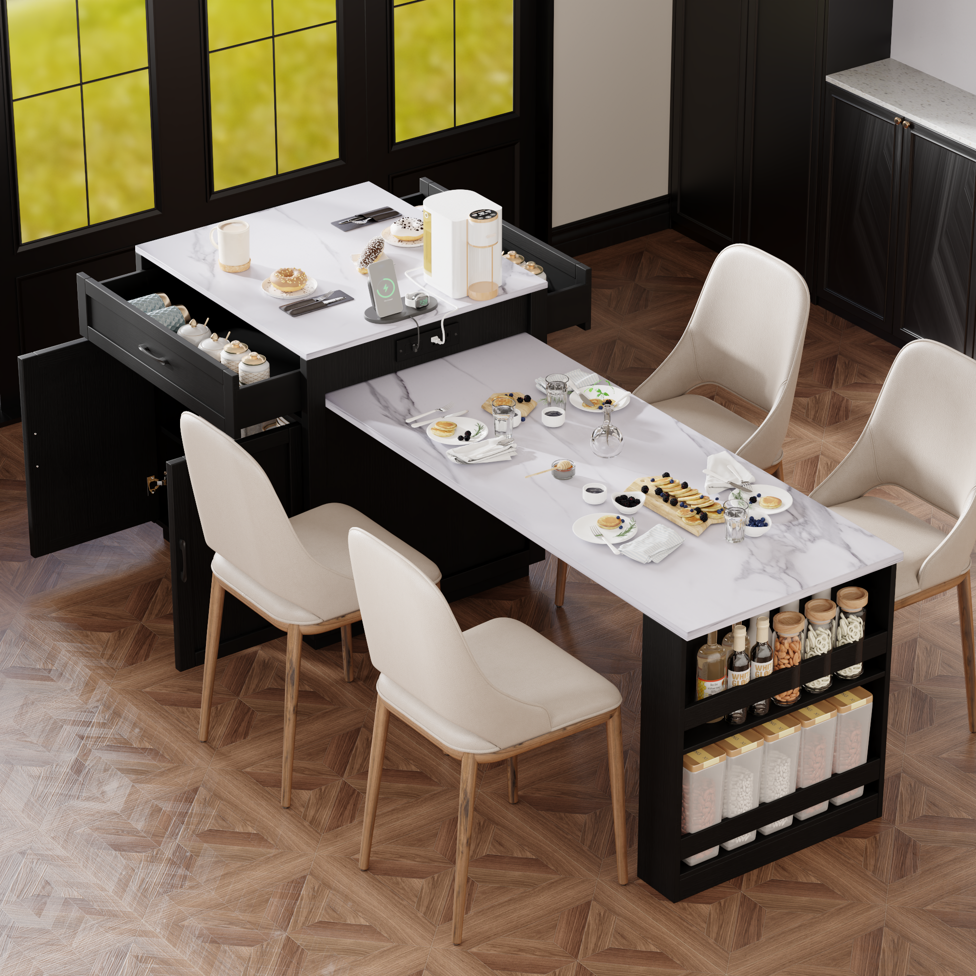 K&K 82.7 inch Kitchen Island with Extendable Dining Table Black