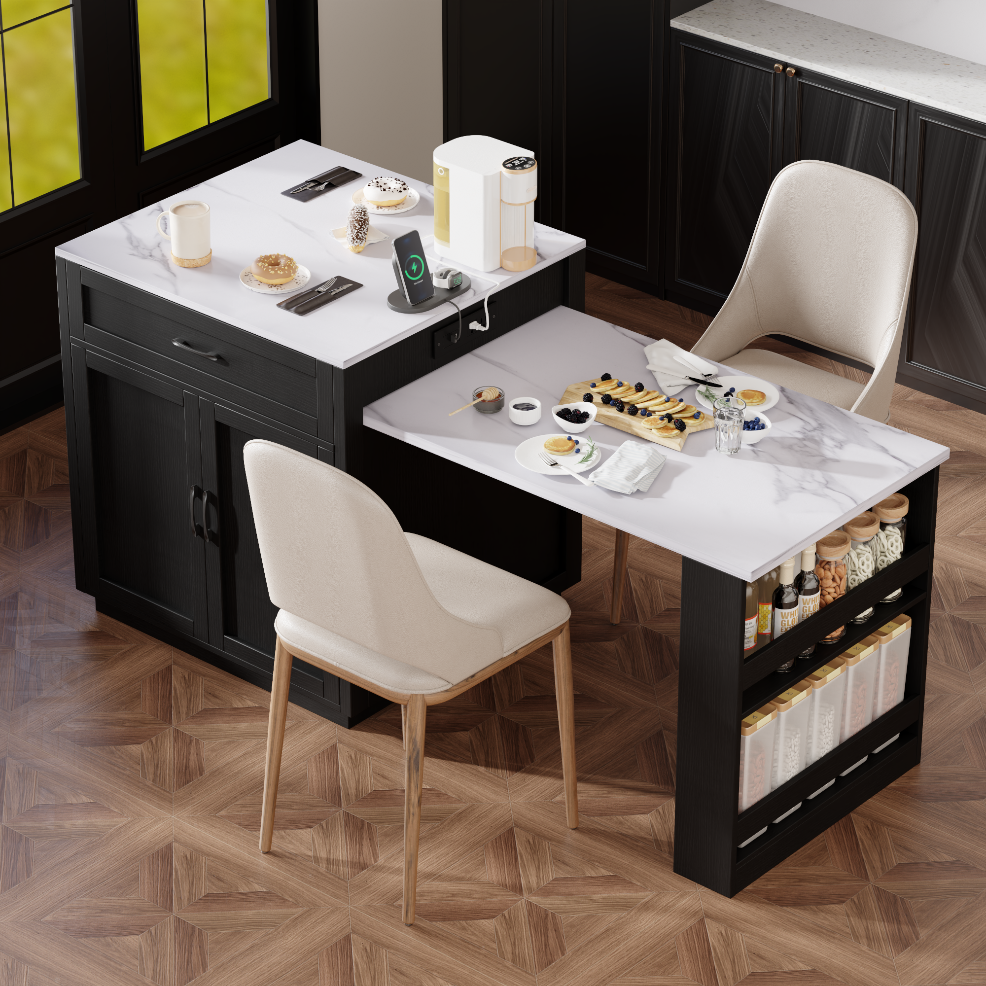 K&K 82.7 inch Kitchen Island with Extendable Dining Table Black
