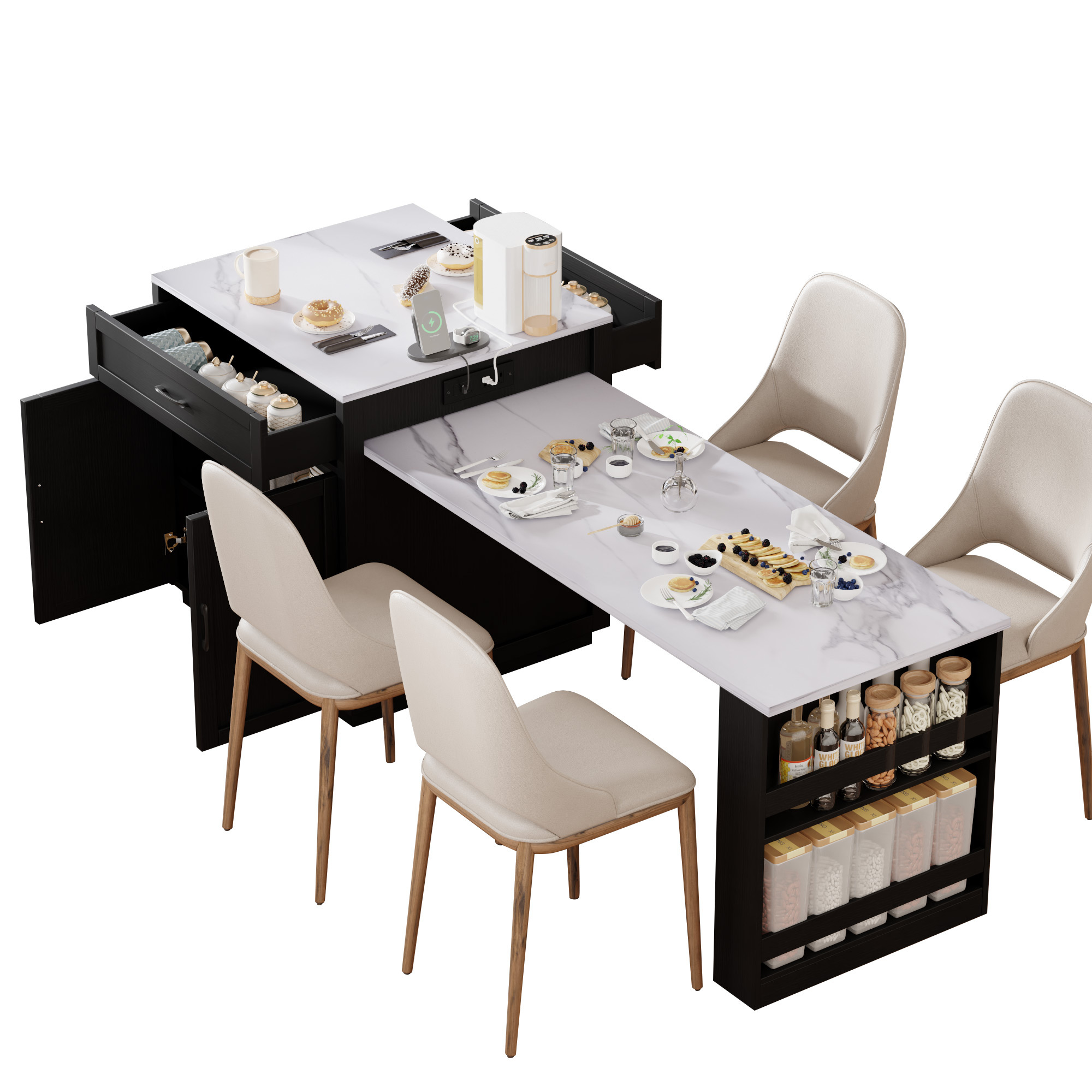 K&K 82.7 inch Kitchen Island with Extendable Dining Table Black
