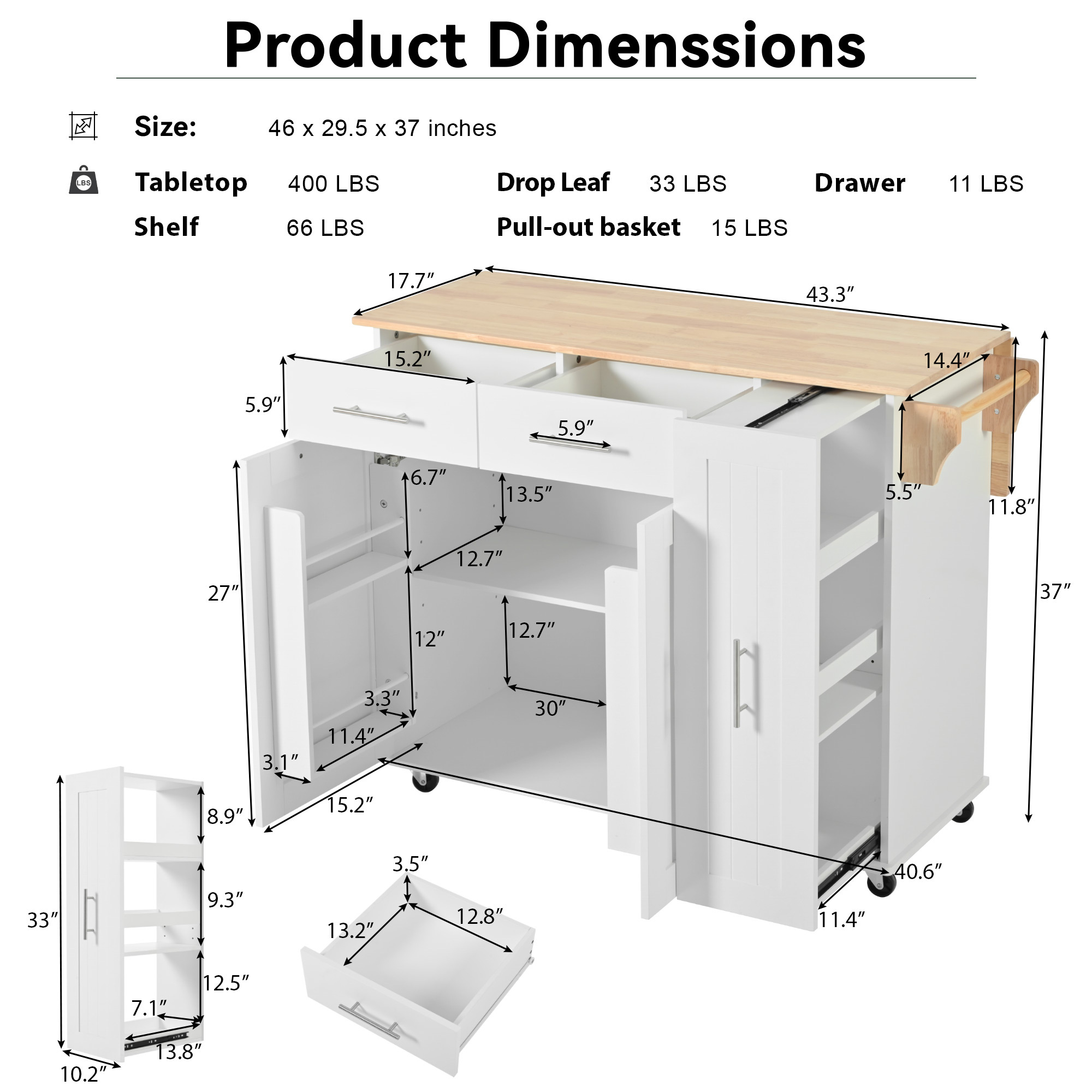 K&K Kitchen Island with Drop Leaf